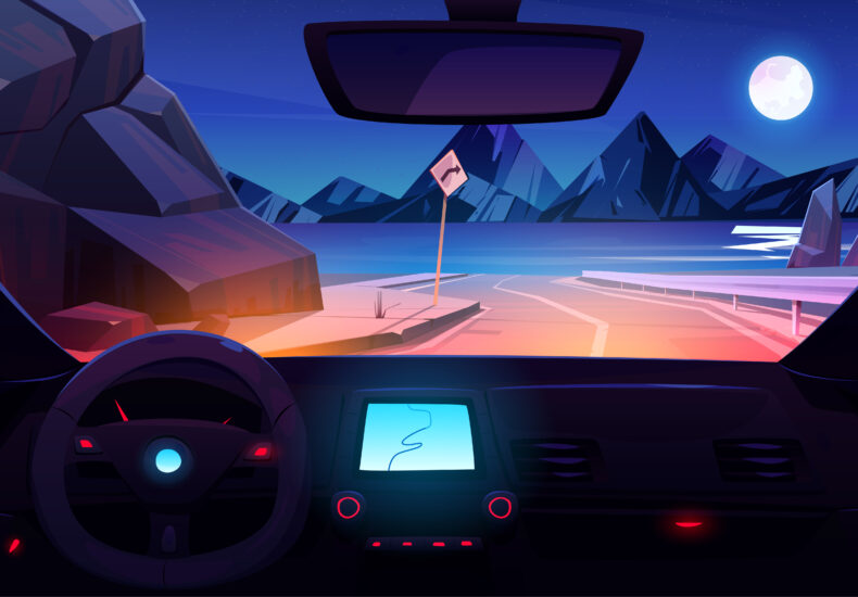 Inside view of car driving on road. Vehicle interior with dashboard, steering wheel, gps navigator and view to highway and landscape with sea and mountains at night, vector cartoon illustration