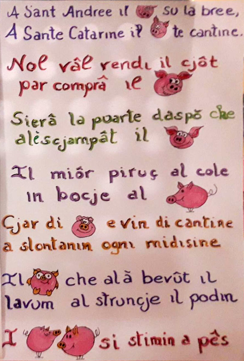 A Sant Andree il purcit su la bree.
A Sante Catarine il purcit te cantine.
Nol vâl vendi il cjôt par comprâ il purcit.
Sierâ la puarte daspò che al è scjampât il purcit.
Il miôr piruç al cole in bocje al purcit.
Cjar di purcit e vin di cantine a slontanin ogni midisine.
Il purcit che al à bevût il lavum al struncje il podin.
I purcits si stimin a pês.
