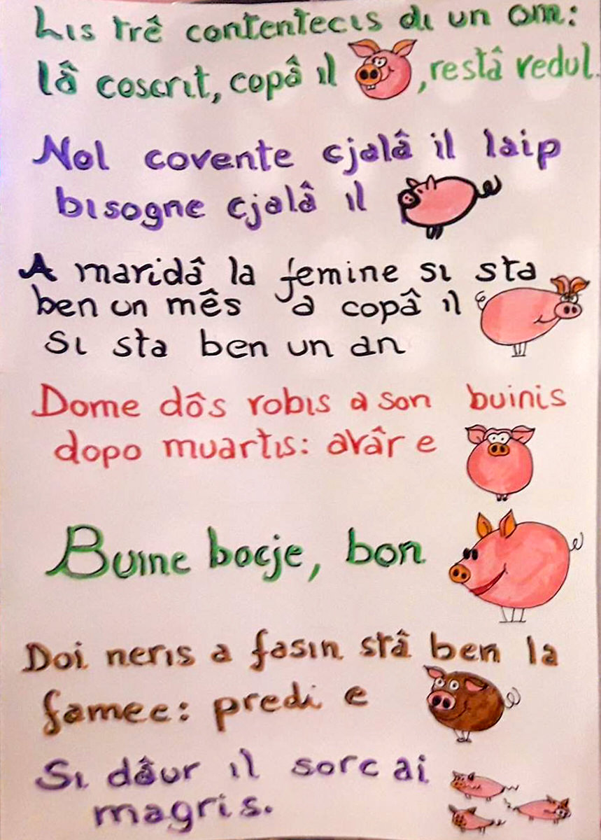 Lis trê contentecis di un om: lâ coscrit, copâ il purcit, restâ vedul.
Nol covente cjalâ il laip, bisugne cjalâ il purcit.
A maridâ la femine si sta ben un mês, a copâ il purcit si sta ben un an.
Dome dôs robis a son buinis dopo muartis: avâr e purcit.
Buine bocje, bon purcit.
Doi neris a fasin stâ ben la famee: predi e purcit.
Si dâur il sorc ai purcits magris.